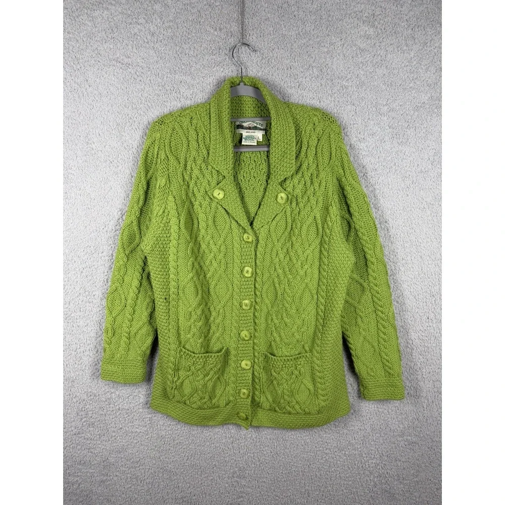 Aran Crafts Cardigan Sweater Womens Size L Green 100% Merino Wool Cable Knit